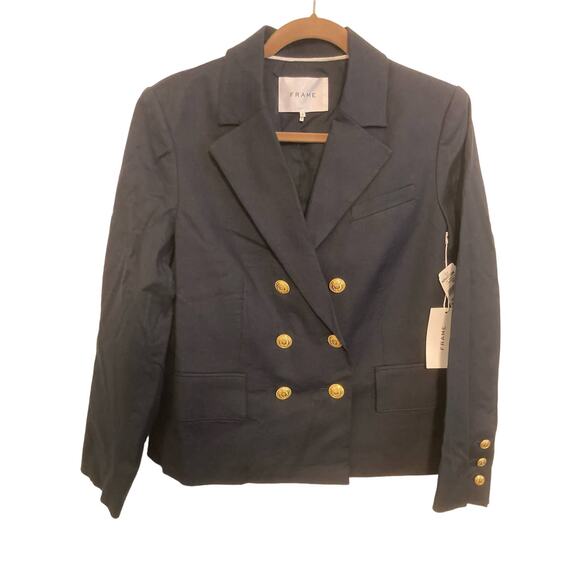 Frame Double Breasted Crop Blazer Jacket Sz 6 Navy NWT Linen Blend gold Nautical - Picture 1 of 12